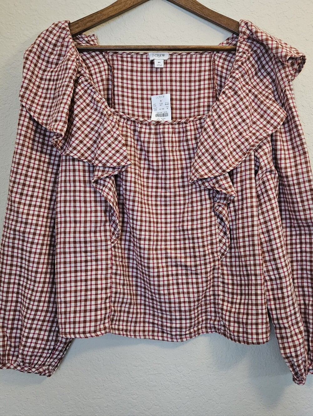 NWT J. Crew Flannel Plaid Ruffle Neck Top Womens Medium Red Tan Classic Preppy